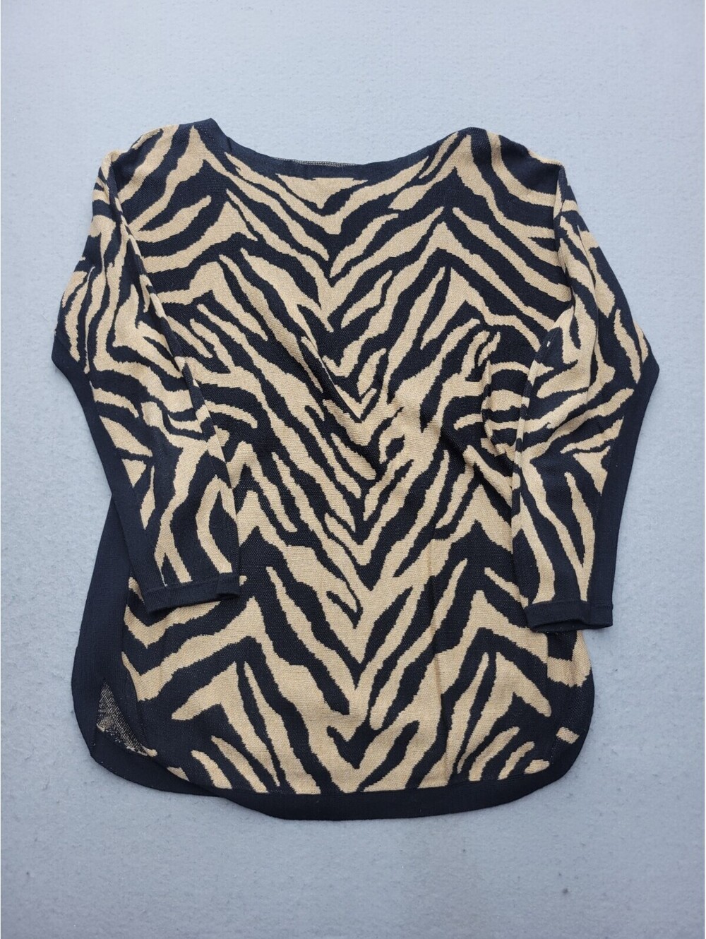 Cabi Women's Sweater Size XS Black Zebra Cotton Round Neck T Shirt Cuff Side